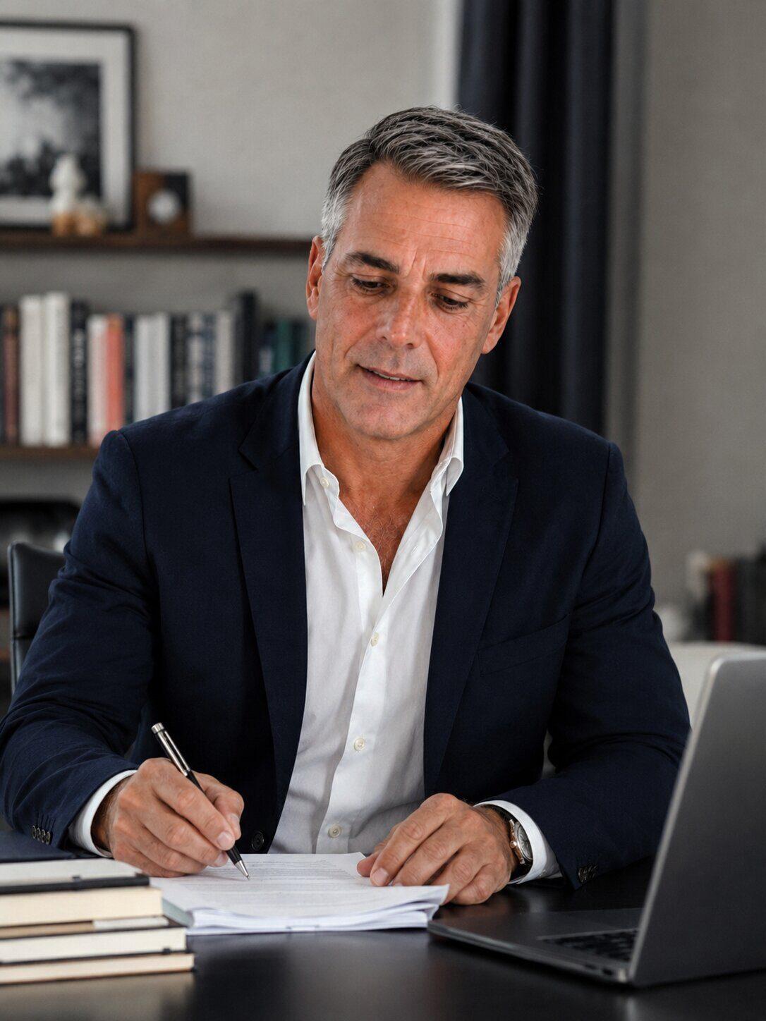 AJ Scott writing at his desk